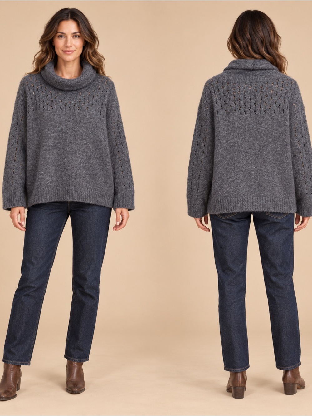 Wol Hide S/M Gray Alpaca Blend Openwork Yoke Cowl Neck Oversized Sweater